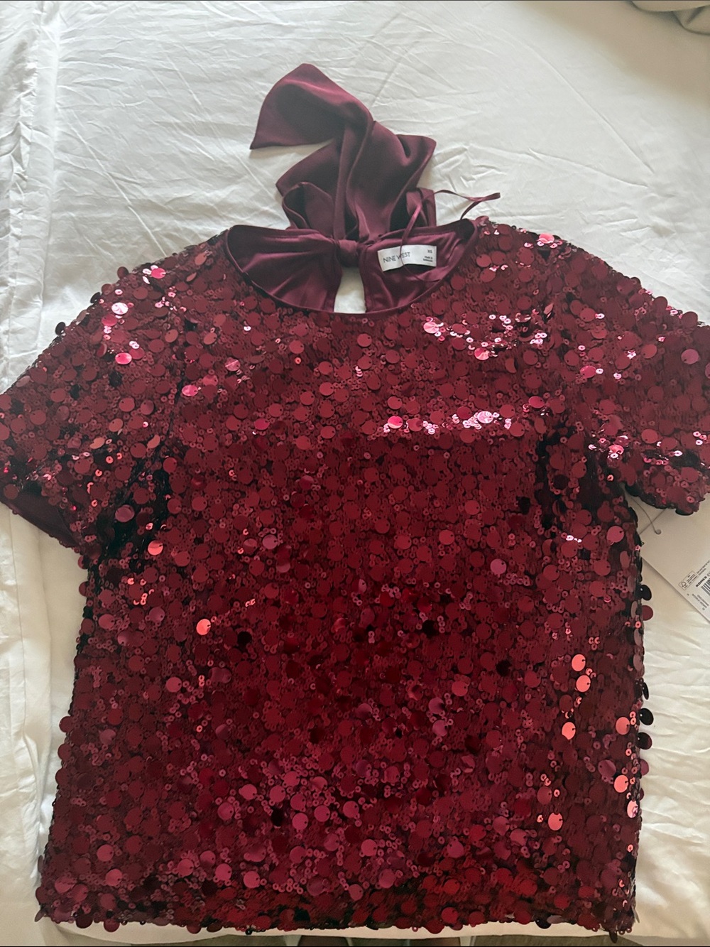 NWT!  Nine West Burgundy Sequin Short Sleeve Top with back neck tie